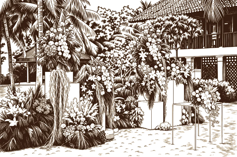 Brown line illustration of a tropical floral ceremony in Bali